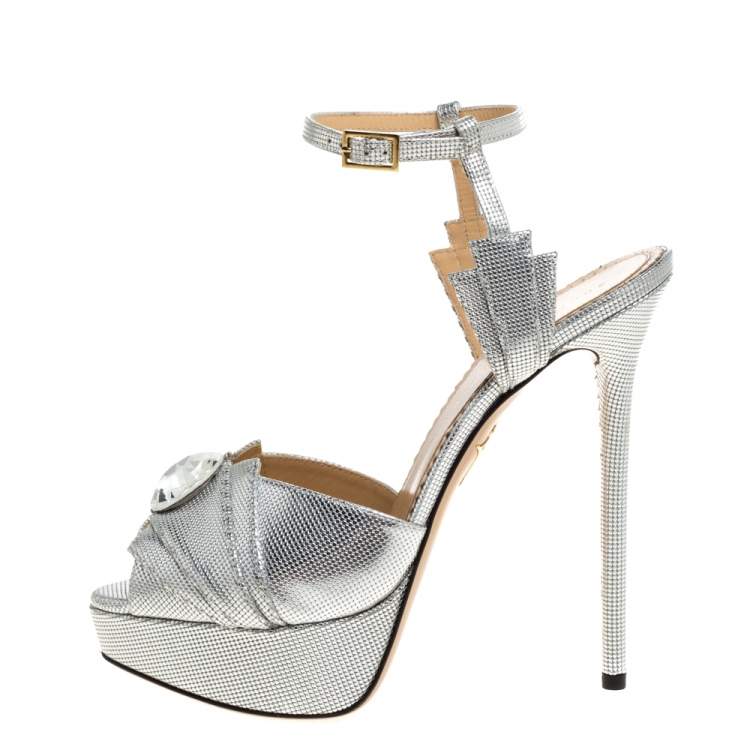 مملوكة مسبقًا Charlotte Olympia Silver Textured Leather Sky Scraper Crystal Embellished Peep Toe Ankle Strap Platform Sandals Size 38