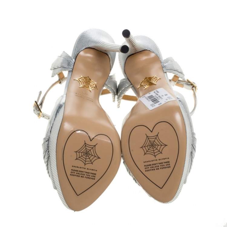 مملوكة مسبقًا Charlotte Olympia Silver Textured Leather Sky Scraper Crystal Embellished Peep Toe Ankle Strap Platform Sandals Size 38