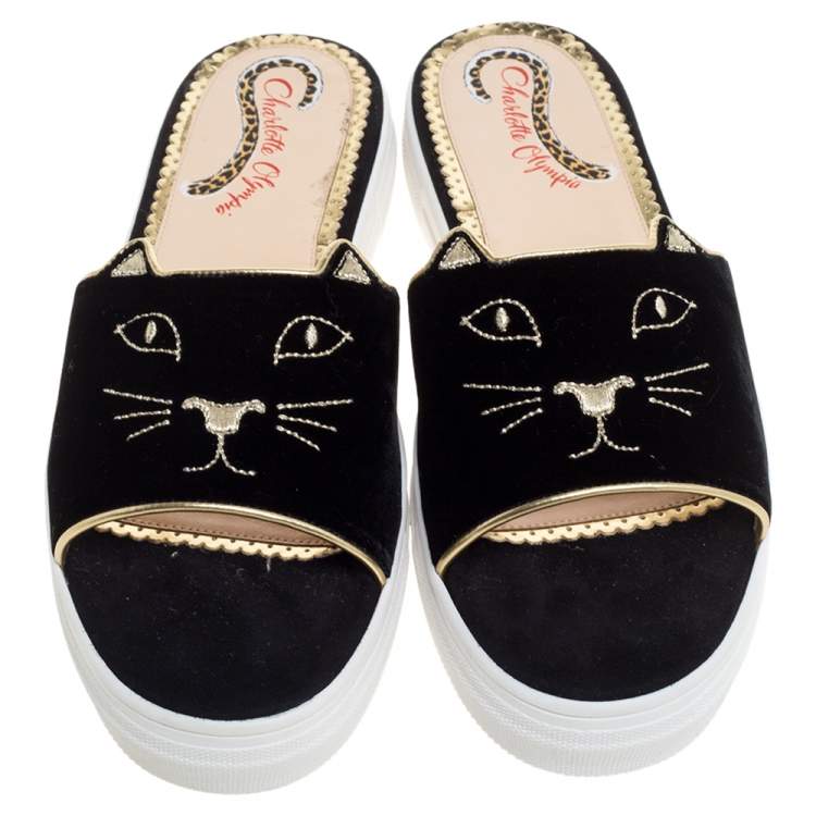 Pre Owned Charlotte Olympia Black Velvet Kitty Slide Platform Sandals Size 40