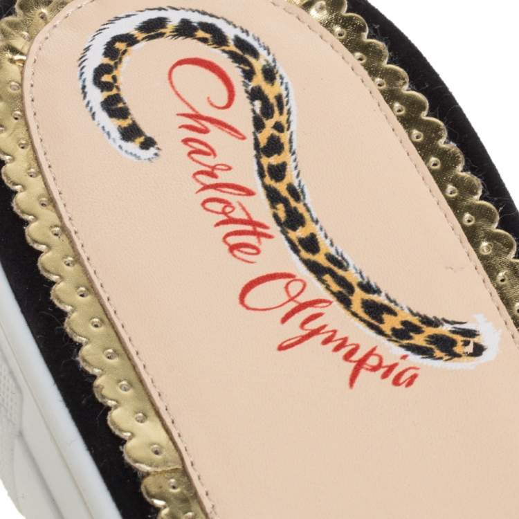 Pre Owned Charlotte Olympia Black Velvet Kitty Slide Platform Sandals Size 40