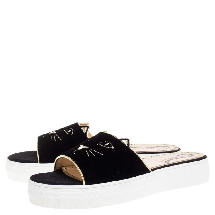 Pre Owned Charlotte Olympia Black Velvet Kitty Slide Platform Sandals Size 40