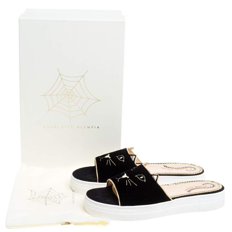 Pre Owned Charlotte Olympia Black Velvet Kitty Slide Platform Sandals Size 40