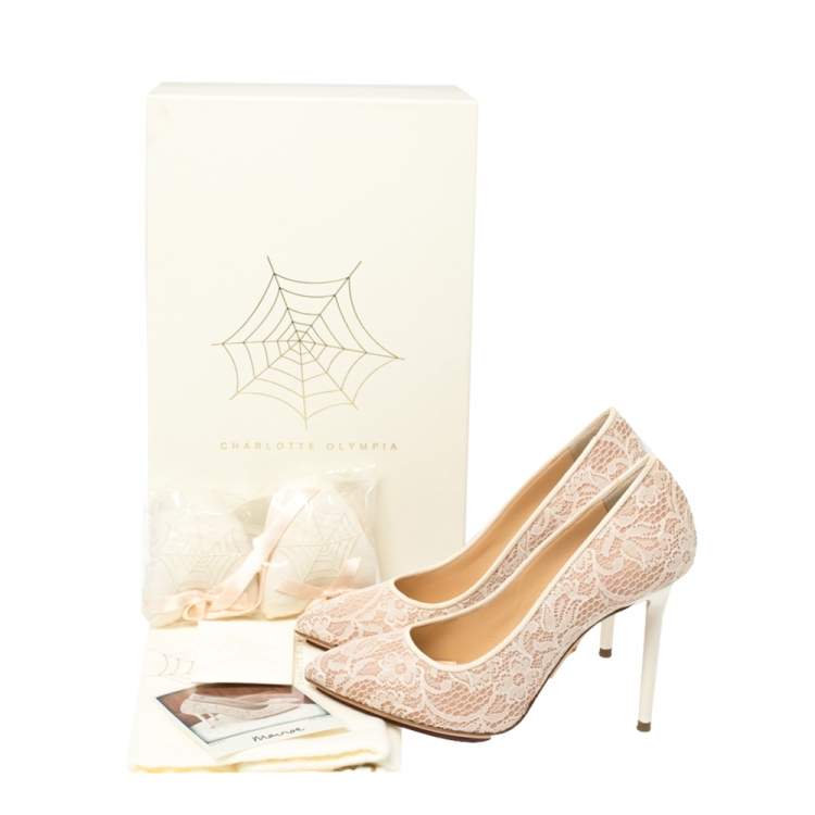Pre Owned Charlotte Olympia Beige Lace and Mesh Monroe Pointed Toe Pumps Size 37