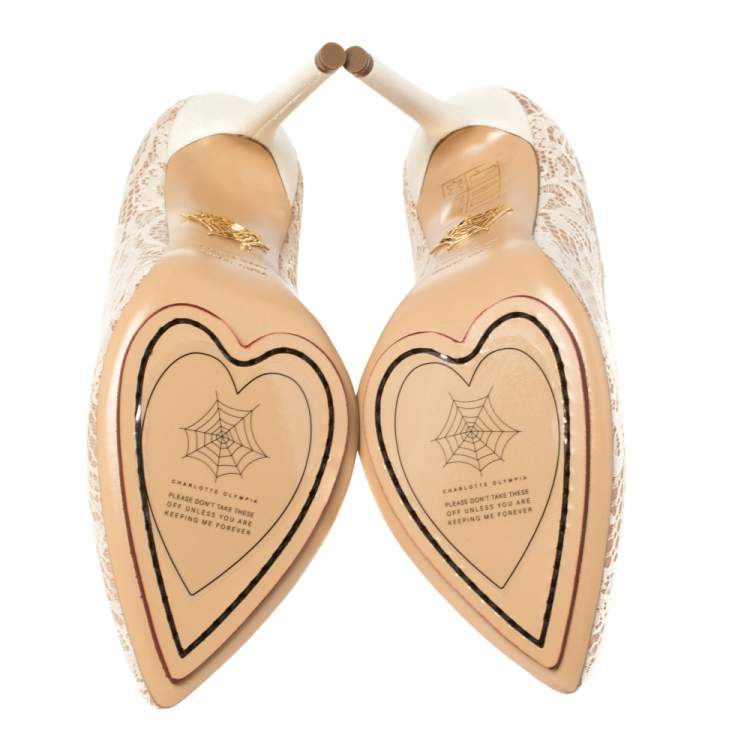 Pre Owned Charlotte Olympia Beige Lace and Mesh Monroe Pointed Toe Pumps Size 37