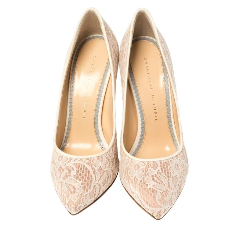 Pre Owned Charlotte Olympia Beige Lace and Mesh Monroe Pointed Toe Pumps Size 37