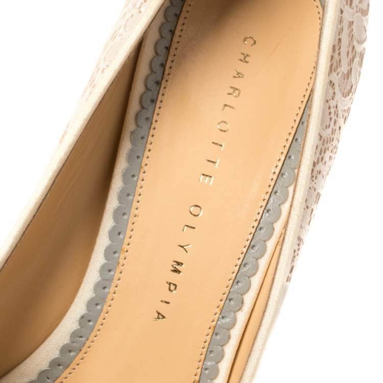 Pre Owned Charlotte Olympia Beige Lace and Mesh Monroe Pointed Toe Pumps Size 37