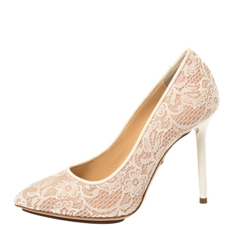 Pre Owned Charlotte Olympia Beige Lace and Mesh Monroe Pointed Toe Pumps Size 37