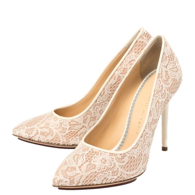 Pre Owned Charlotte Olympia Beige Lace and Mesh Monroe Pointed Toe Pumps Size 37