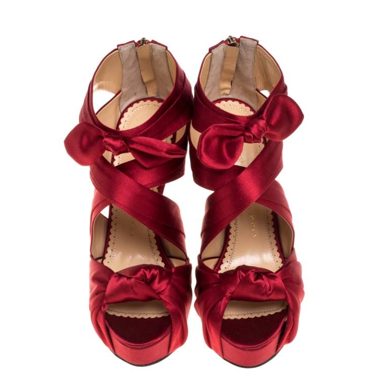 Pre Owned Charlotte Olympia Red Satin Andrea Knotted Platform Sandals Size 35