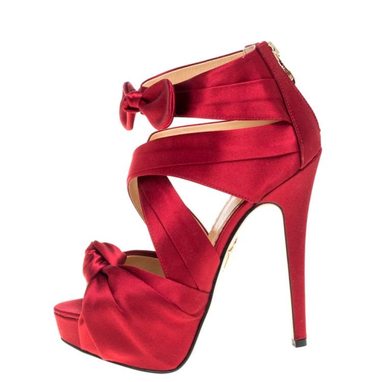 Pre Owned Charlotte Olympia Red Satin Andrea Knotted Platform Sandals Size 35