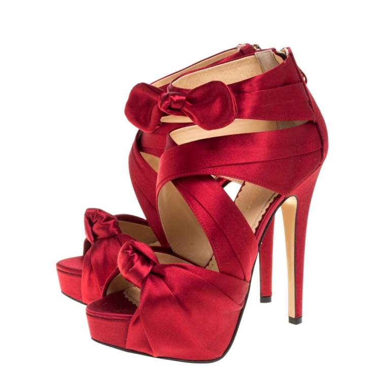Pre Owned Charlotte Olympia Red Satin Andrea Knotted Platform Sandals Size 35