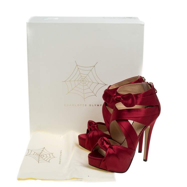Pre Owned Charlotte Olympia Red Satin Andrea Knotted Platform Sandals Size 35