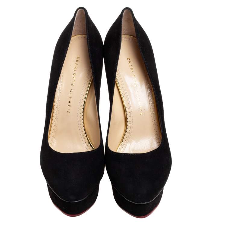 Pre Owned Charlotte Olympia Black Suede Dolly Platform Pumps Size 40