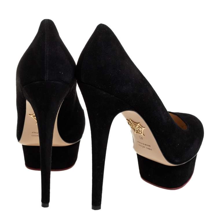 Pre Owned Charlotte Olympia Black Suede Dolly Platform Pumps Size 40
