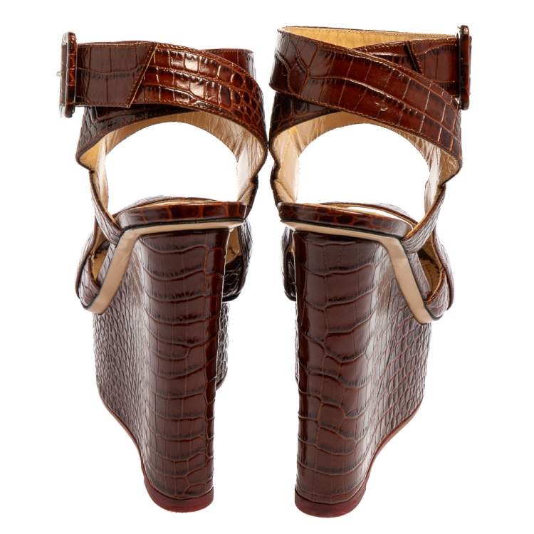 Pre Owned  Charlotte Olympia Brown Croc Embossed Leather Marcelle Wedge Sandals Size 36