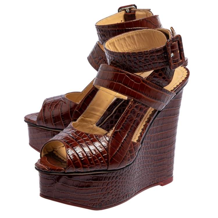Pre Owned  Charlotte Olympia Brown Croc Embossed Leather Marcelle Wedge Sandals Size 36