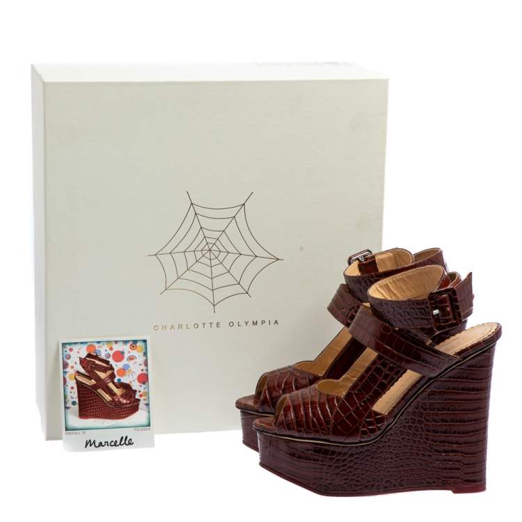 Pre Owned  Charlotte Olympia Brown Croc Embossed Leather Marcelle Wedge Sandals Size 36