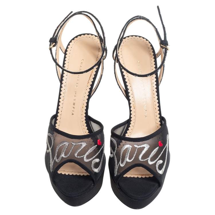 Pre Owned Charlotte Olympia Black Mesh and Fabric Paris Platform Sandals Size 40