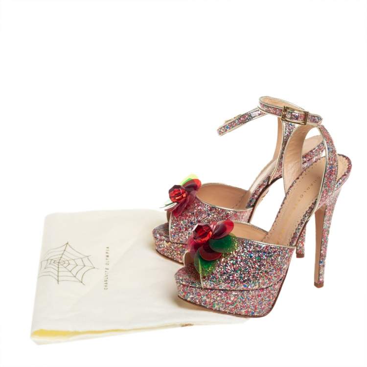 Pre Owned Charlotte Olympia Multicolor Coated Glitter Sabrina Cherry Leaf Platform Ankle Strap Sandals Size 35.5
