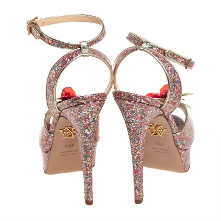 Pre Owned Charlotte Olympia Multicolor Coated Glitter Sabrina Cherry Leaf Platform Ankle Strap Sandals Size 35.5