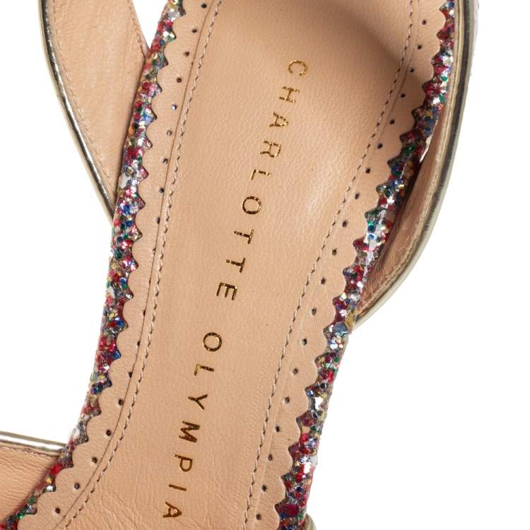 Pre Owned Charlotte Olympia Multicolor Coated Glitter Sabrina Cherry Leaf Platform Ankle Strap Sandals Size 35.5