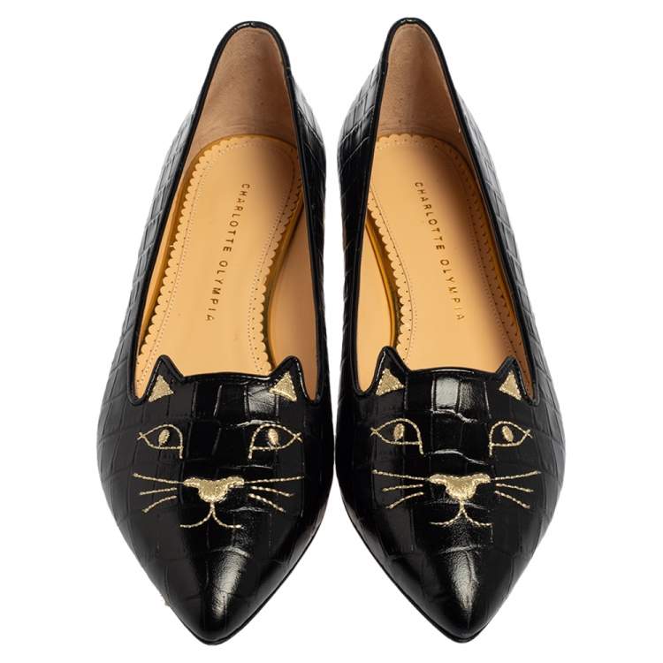 Pre Owned Charlotte Olympia Black Leather Kitty Flats Size 40.5
