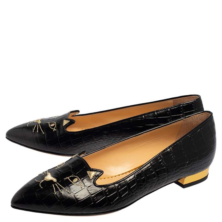 Pre Owned Charlotte Olympia Black Leather Kitty Flats Size 40.5