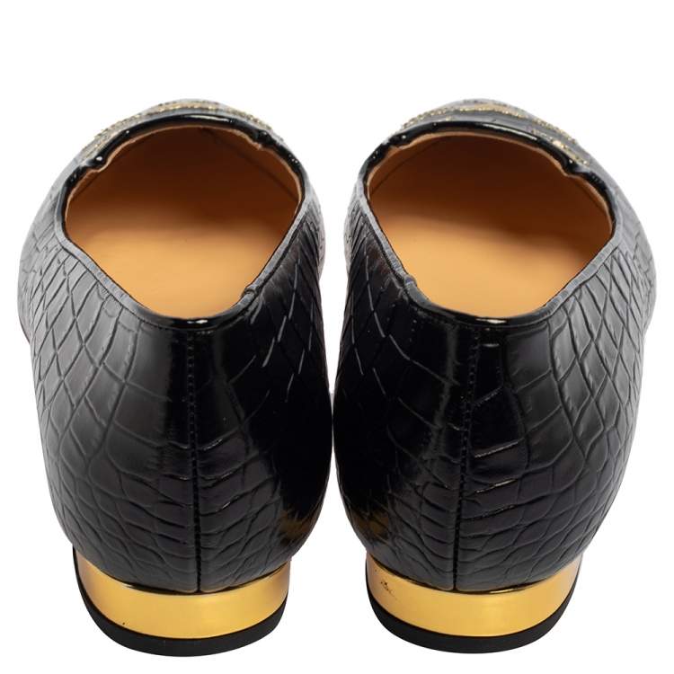 Pre Owned Charlotte Olympia Black Leather Kitty Flats Size 40.5