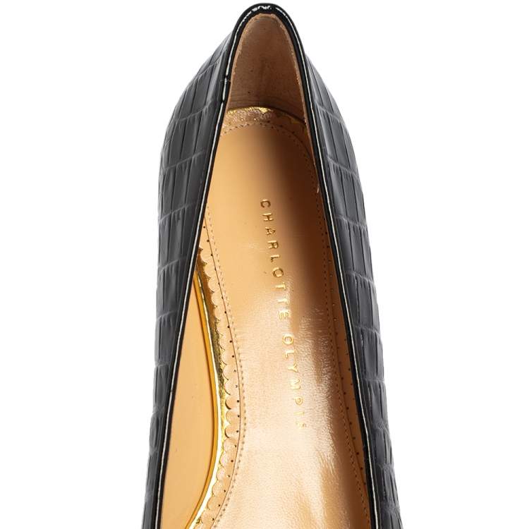 Pre Owned Charlotte Olympia Black Leather Kitty Flats Size 40.5