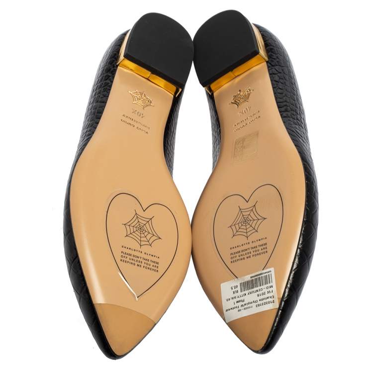 Pre Owned Charlotte Olympia Black Leather Kitty Flats Size 40.5