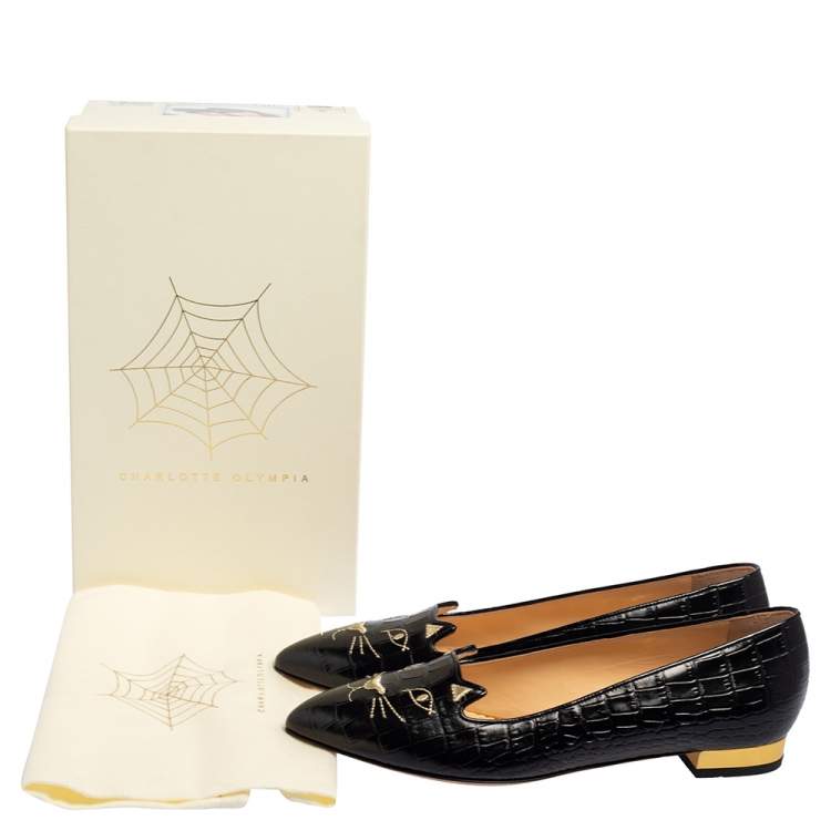 Pre Owned Charlotte Olympia Black Leather Kitty Flats Size 40.5