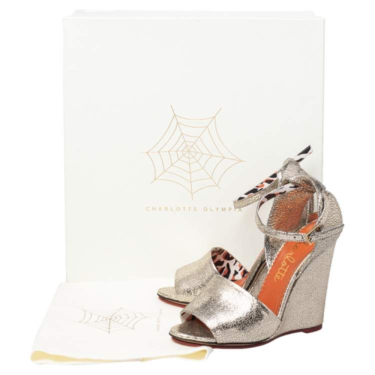 Pre Owned Charlotte Olympia Gold Leather Wedge Sandals Size 37