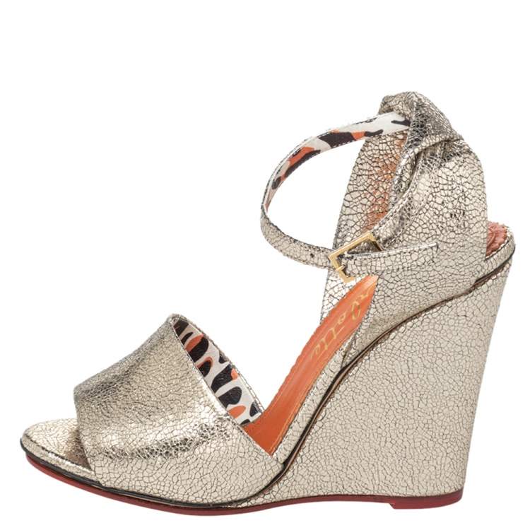 Pre Owned Charlotte Olympia Gold Leather Wedge Sandals Size 37