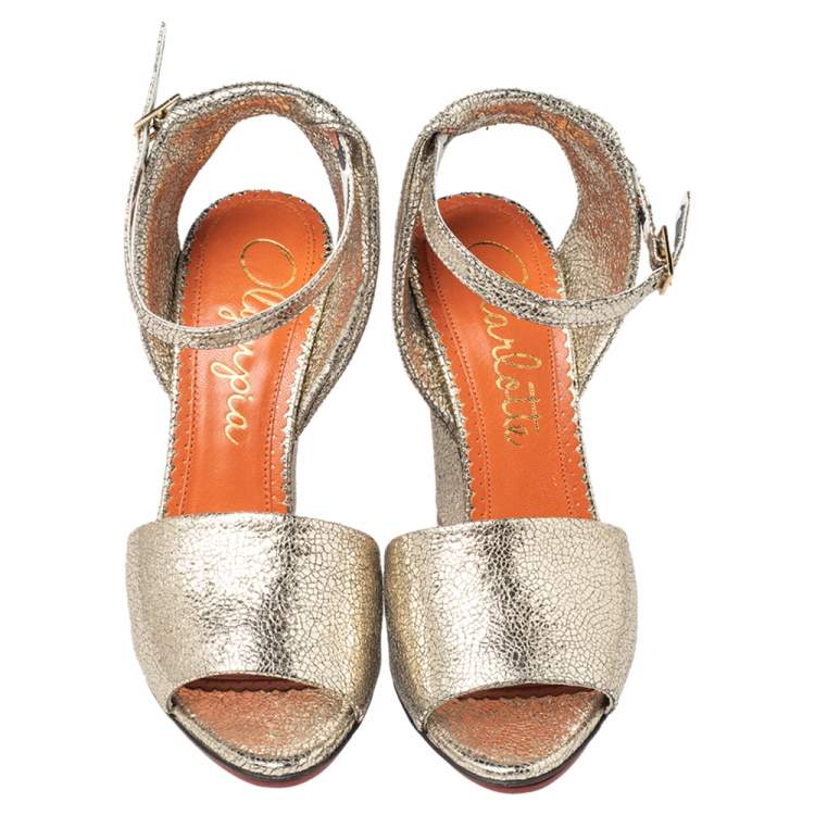 Pre Owned Charlotte Olympia Gold Leather Wedge Sandals Size 37
