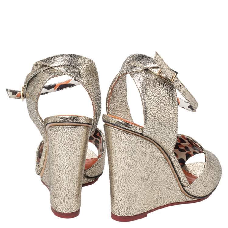 Pre Owned Charlotte Olympia Gold Leather Wedge Sandals Size 37