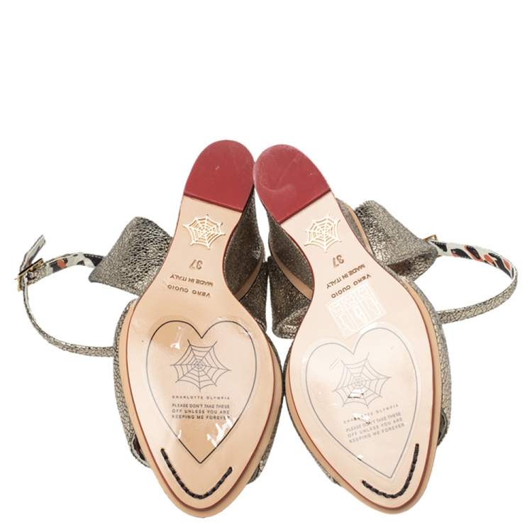 Pre Owned Charlotte Olympia Gold Leather Wedge Sandals Size 37