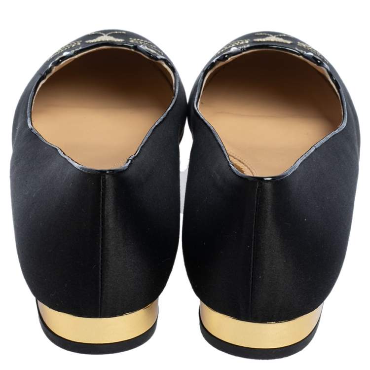 Pre Owned  Charlotte Olympia Black Satin Emoticat Cheeky Kitty Ballet Flats Size 40