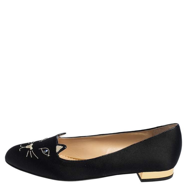 Pre Owned  Charlotte Olympia Black Satin Emoticat Cheeky Kitty Ballet Flats Size 40
