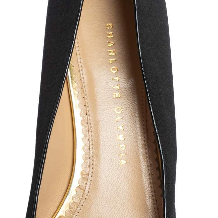 Pre Owned  Charlotte Olympia Black Satin Emoticat Cheeky Kitty Ballet Flats Size 40