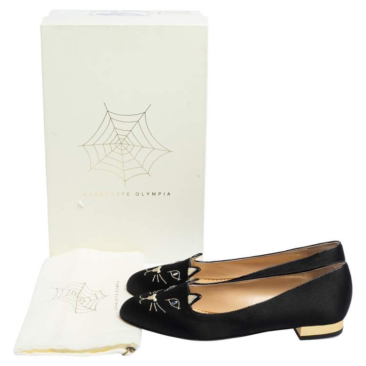 Pre Owned  Charlotte Olympia Black Satin Emoticat Cheeky Kitty Ballet Flats Size 40