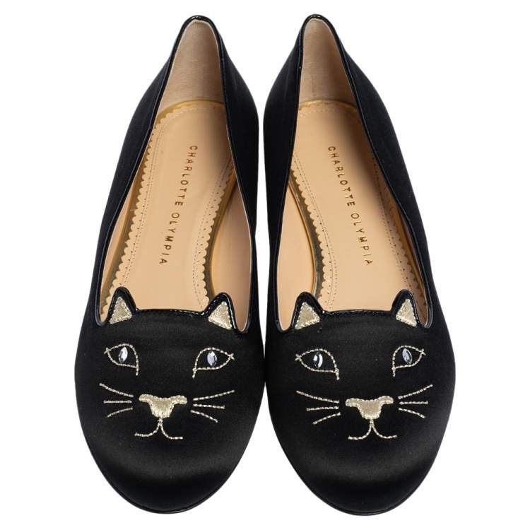 Pre Owned  Charlotte Olympia Black Satin Emoticat Cheeky Kitty Ballet Flats Size 40