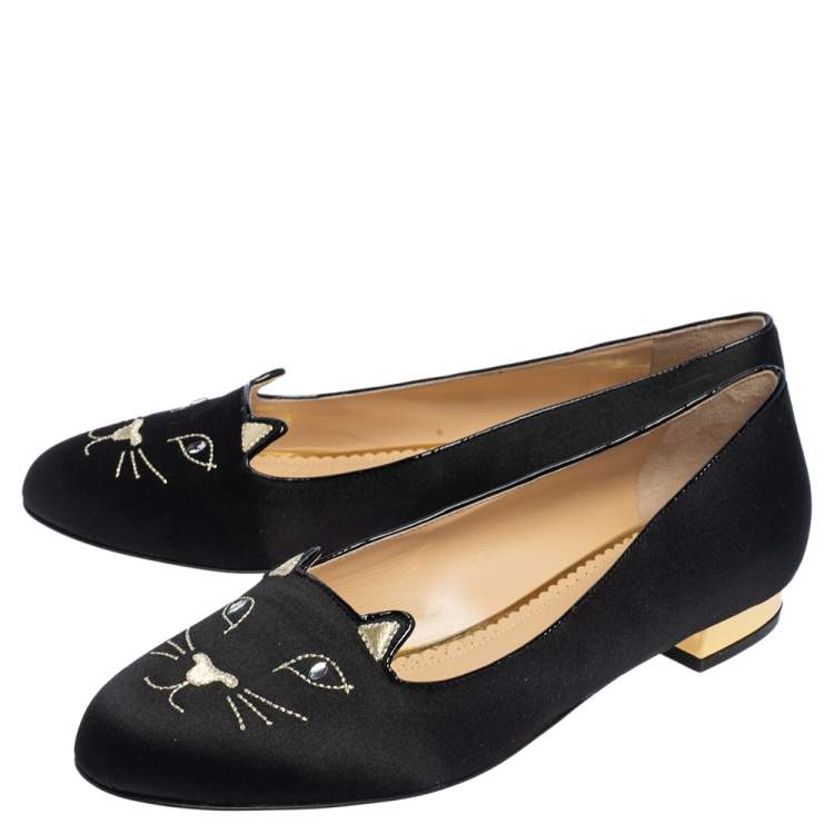 Pre Owned  Charlotte Olympia Black Satin Emoticat Cheeky Kitty Ballet Flats Size 40