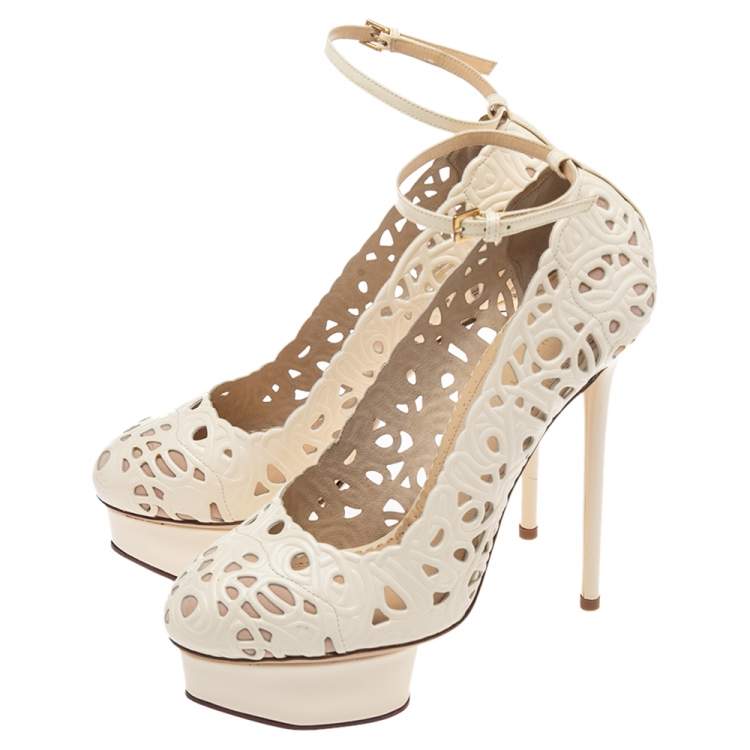 Pre Owned Charlotte Olympia Cream Cut Out Leather Scribble Dolores Ankle Strap Platform Pumps Size 38