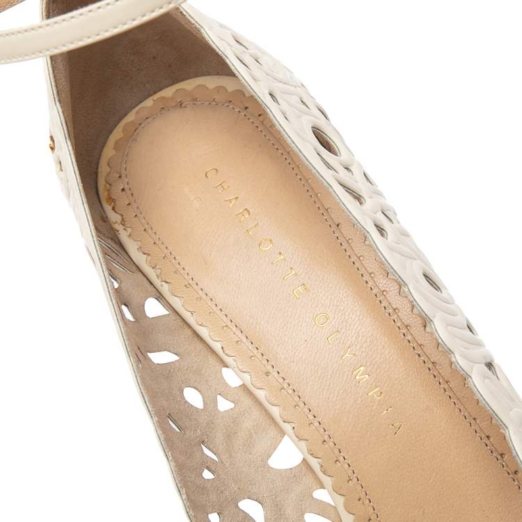 Pre Owned Charlotte Olympia Cream Cut Out Leather Scribble Dolores Ankle Strap Platform Pumps Size 38