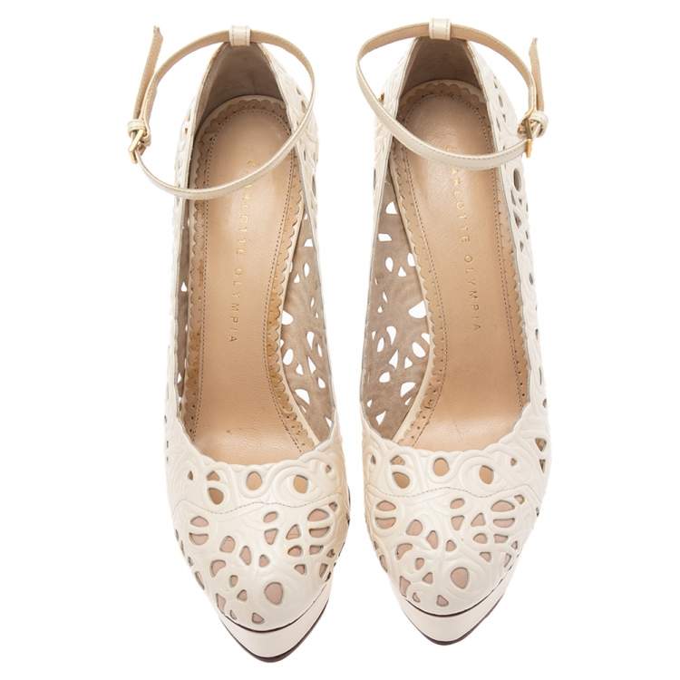Pre Owned Charlotte Olympia Cream Cut Out Leather Scribble Dolores Ankle Strap Platform Pumps Size 38