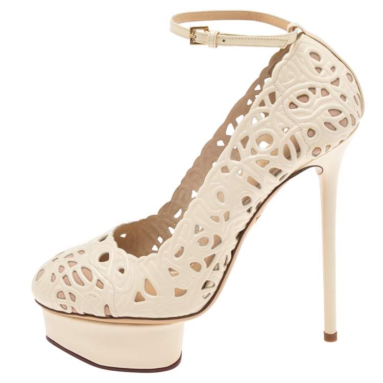 Pre Owned Charlotte Olympia Cream Cut Out Leather Scribble Dolores Ankle Strap Platform Pumps Size 38