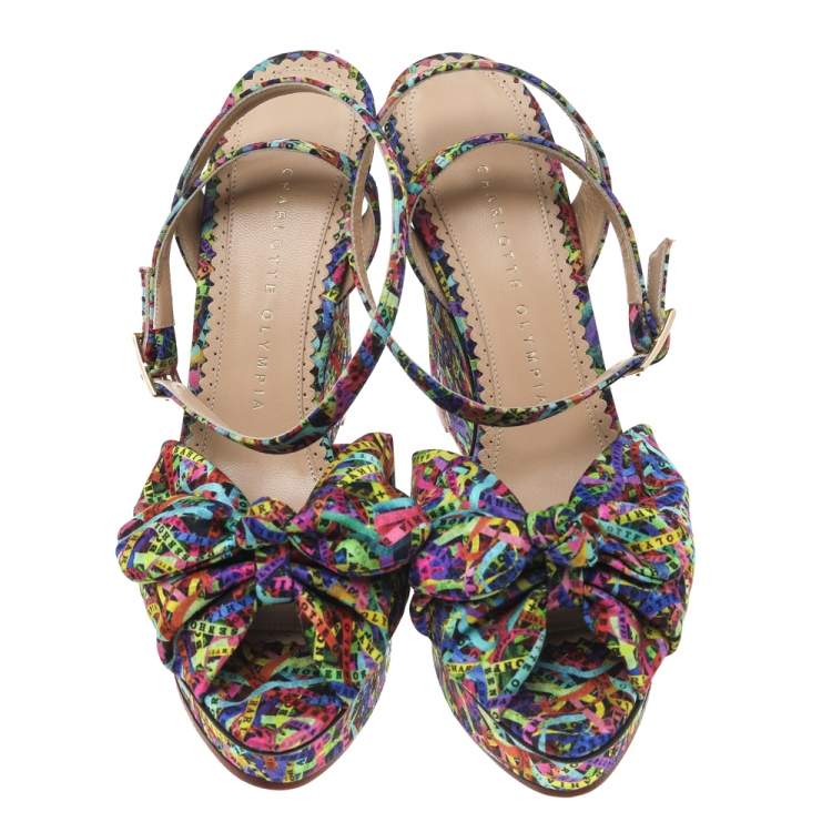 Pre Owned Charlotte Olympia Multicolor Printed Fabric Wedge Platform Ankle Strap Sandals Size 39