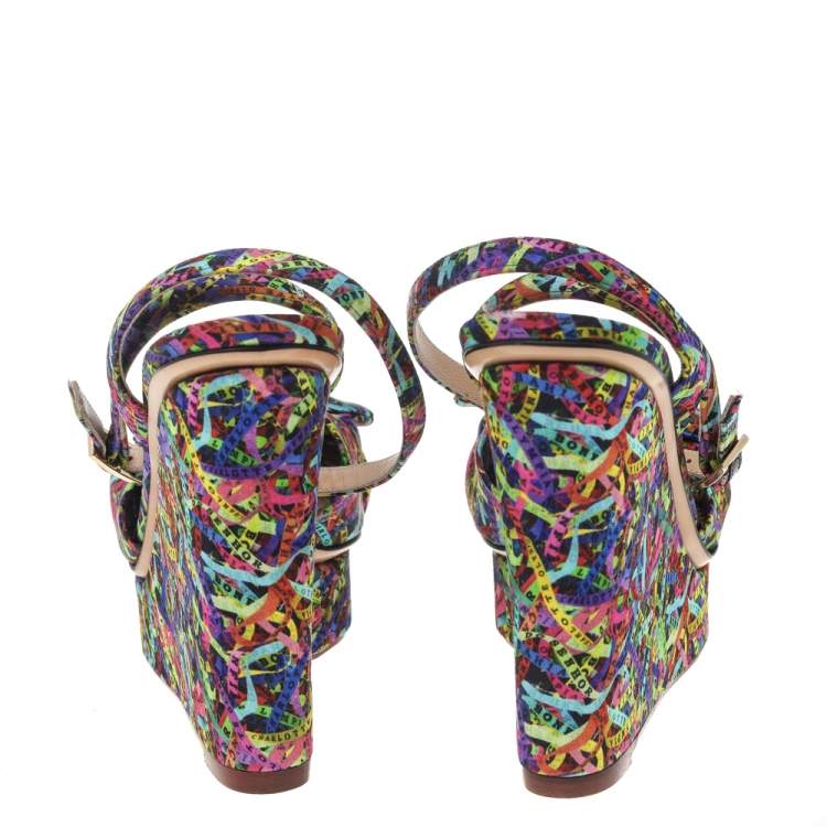 Pre Owned Charlotte Olympia Multicolor Printed Fabric Wedge Platform Ankle Strap Sandals Size 39