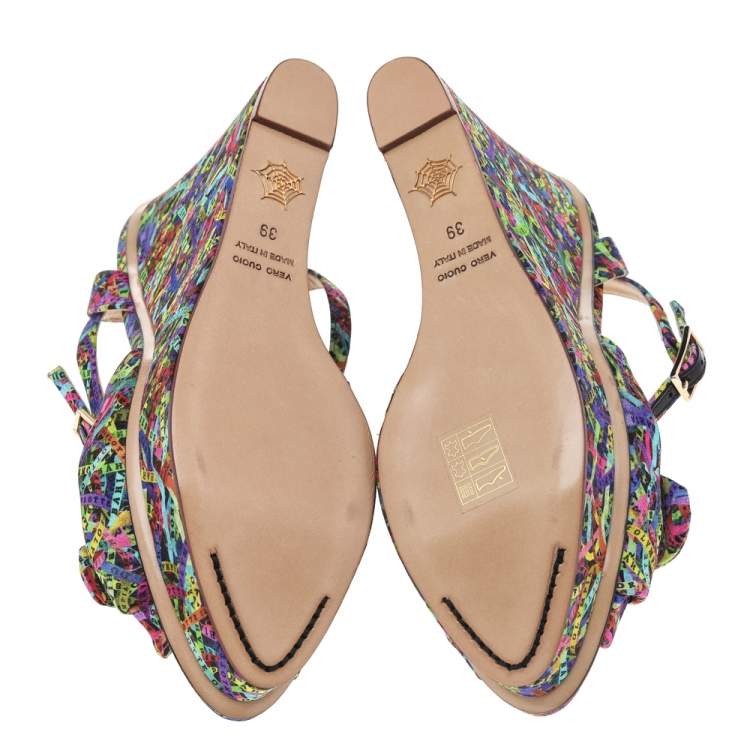 Pre Owned Charlotte Olympia Multicolor Printed Fabric Wedge Platform Ankle Strap Sandals Size 39