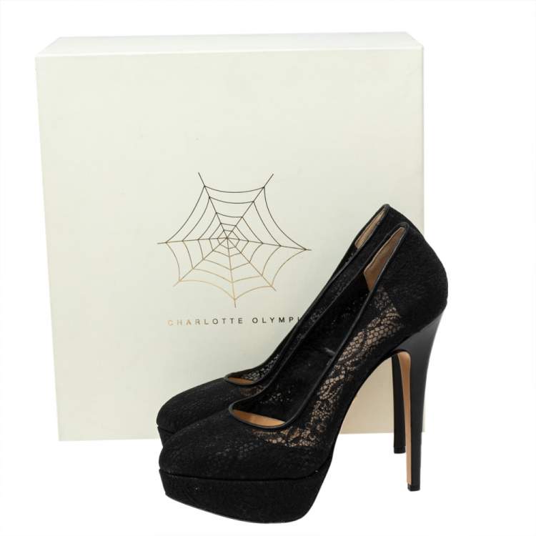 Pre Owned Charlotte Olympia Black Lace Dolly Platform  Pumps Size 41